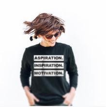 Load image into Gallery viewer, Crewneck ASPIRATION. INSPIRATION. MOTIVATION Sweatshirt (BLACK)